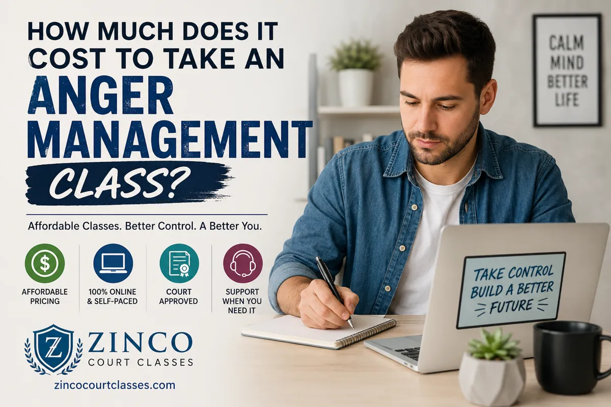 Man taking an online anger management class on a laptop with Zinco Court Classes branding and affordable court-approved program information.