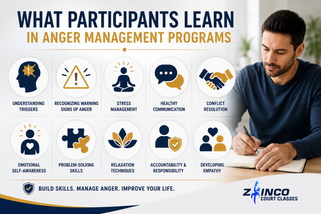 Participants learning emotional regulation, communication, conflict resolution, and stress management skills in a court-ordered anger management program