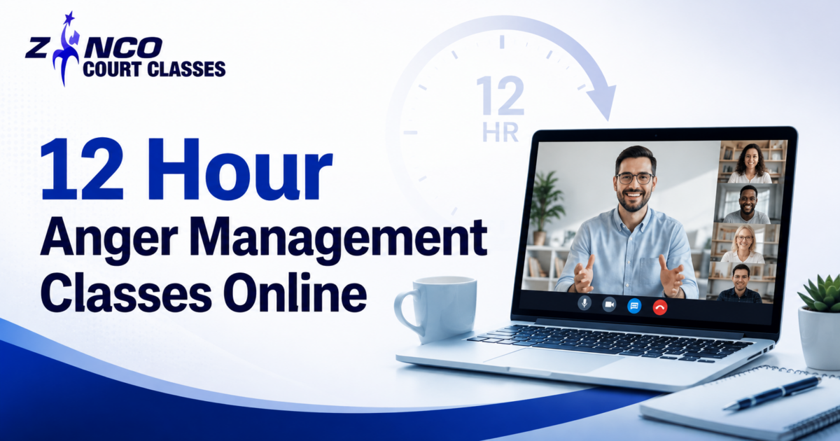 Participant attending a 12 hour anger management class online through a live virtual session
