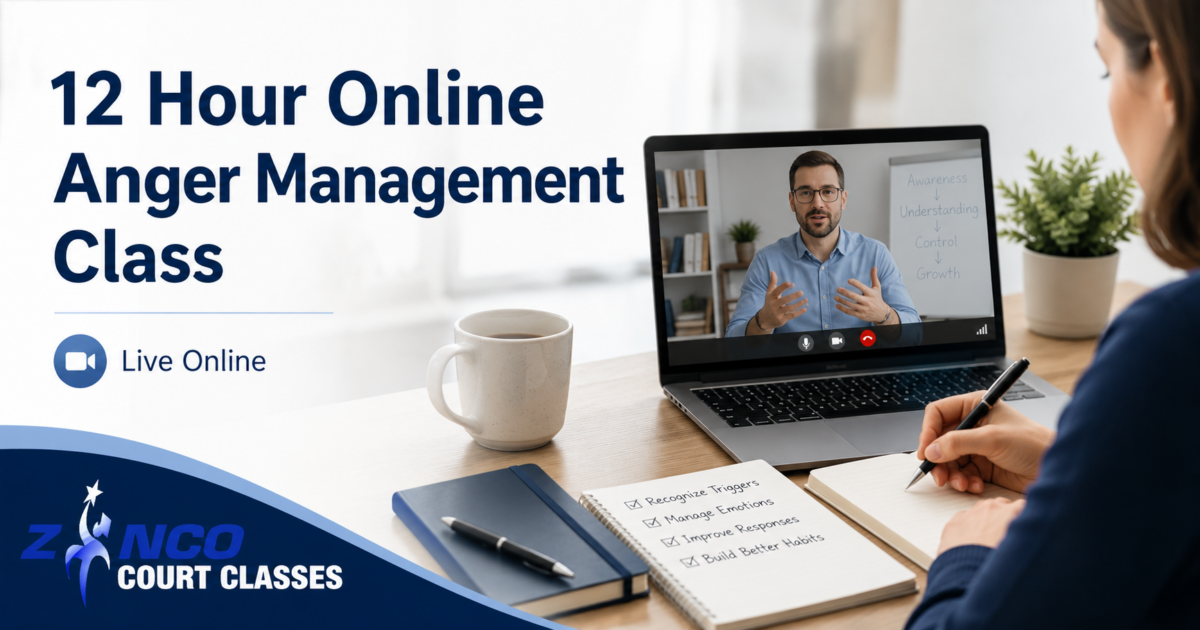 Participant attending a live 12 hour online anger management class from home