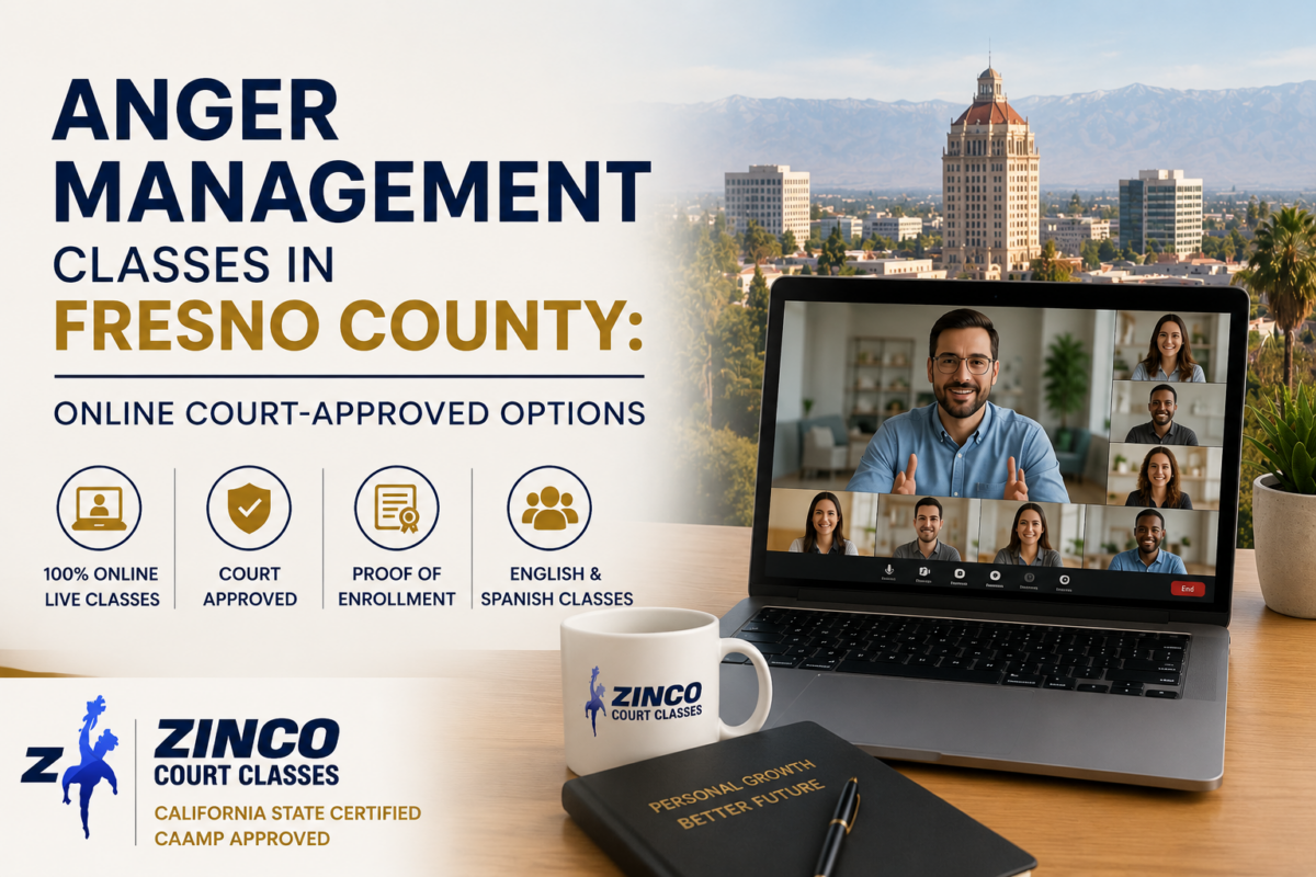 Online anger management classes in Fresno County with live Zoom instruction and California State Certified, CAAMP-approved program