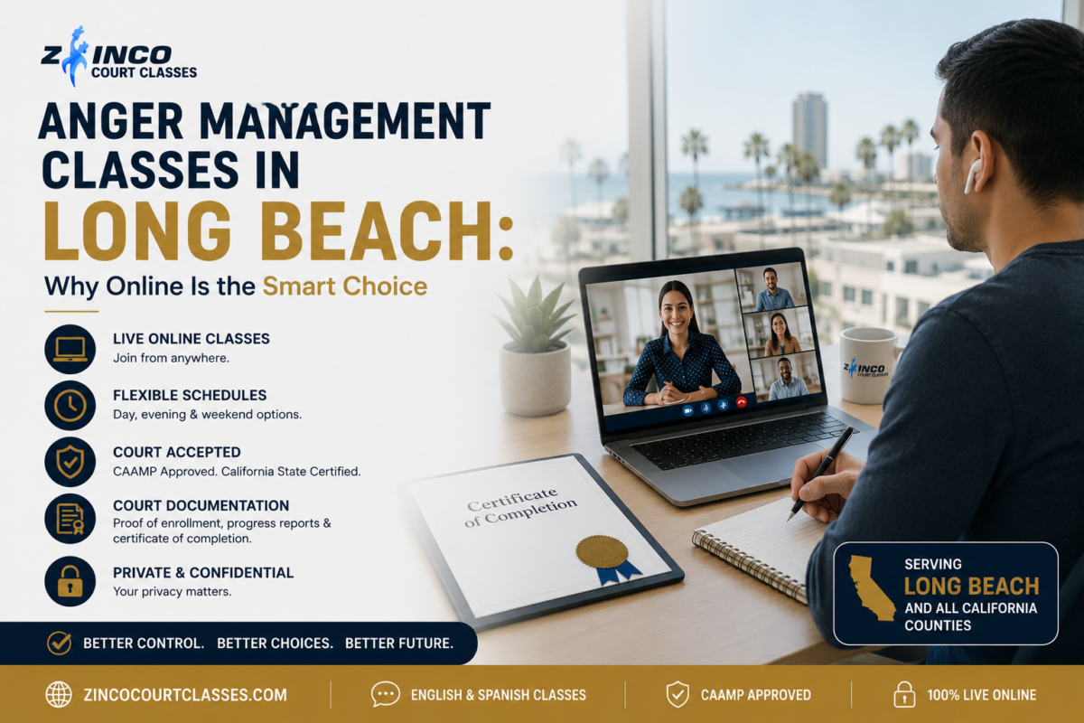 Person attending live online anger management classes in Long Beach, California from home using Zoom