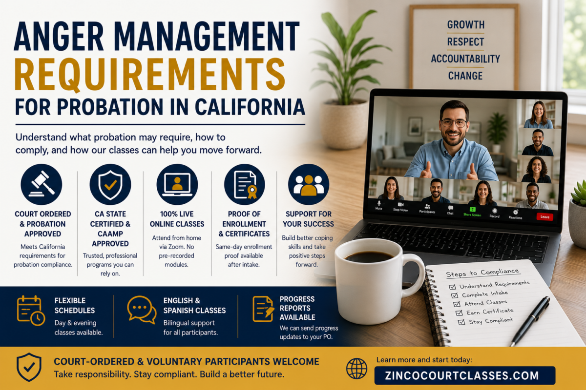 Live online anger management classes for probation requirements in California with Zoom instruction and court-compliant program information