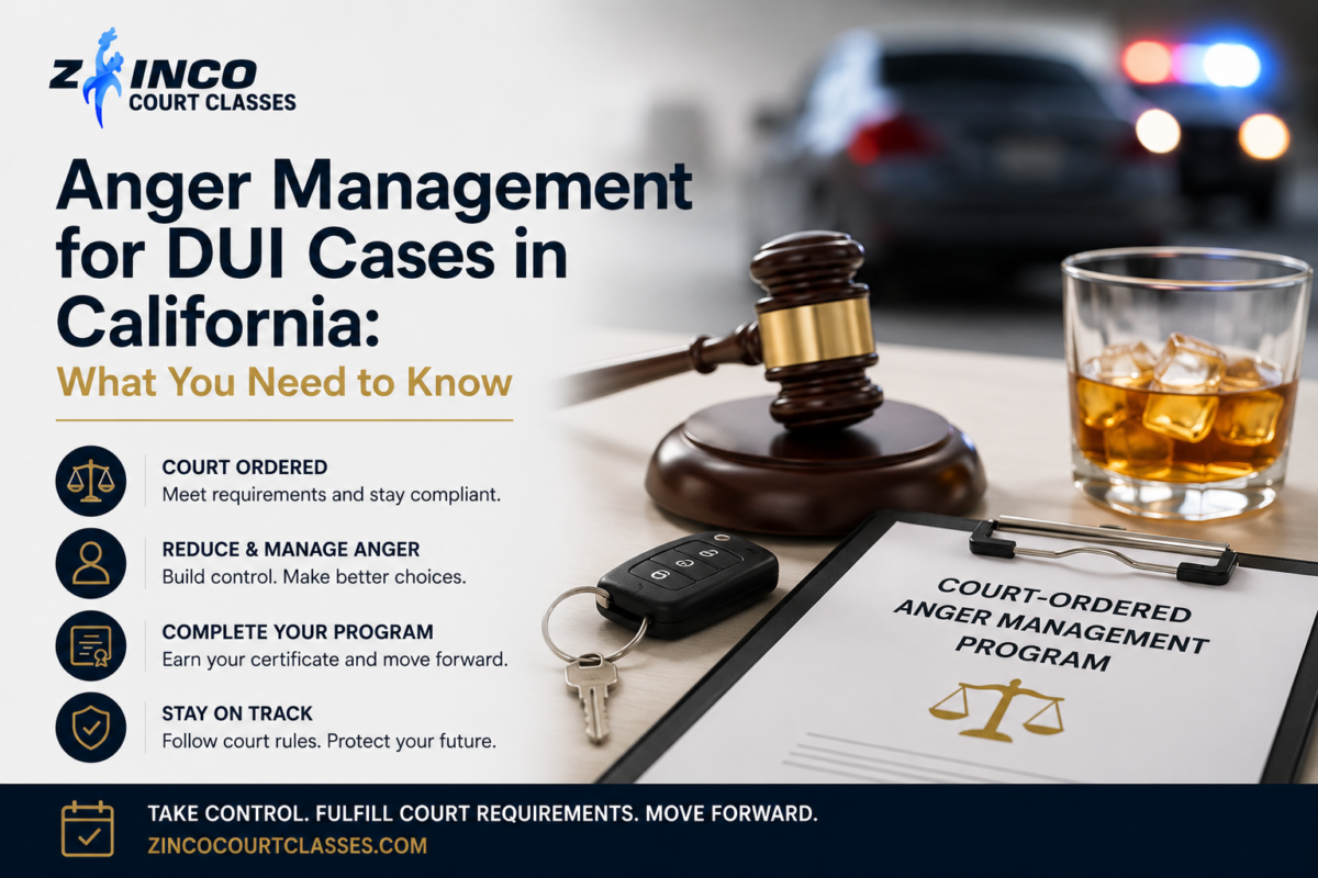 California DUI case with court-ordered anger management program, gavel, vehicle keys, and legal requirements