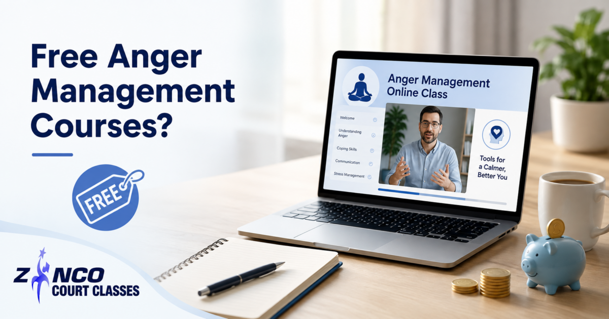 Laptop showing an online anger management course with free course and affordability symbols