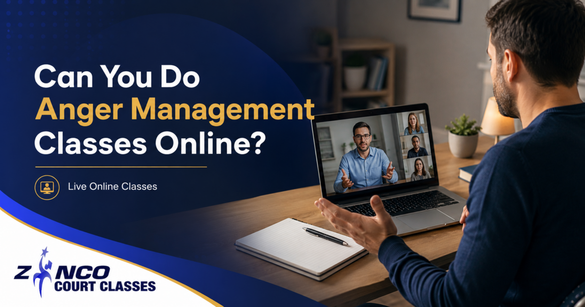 Participant attending a live online anger management class from home