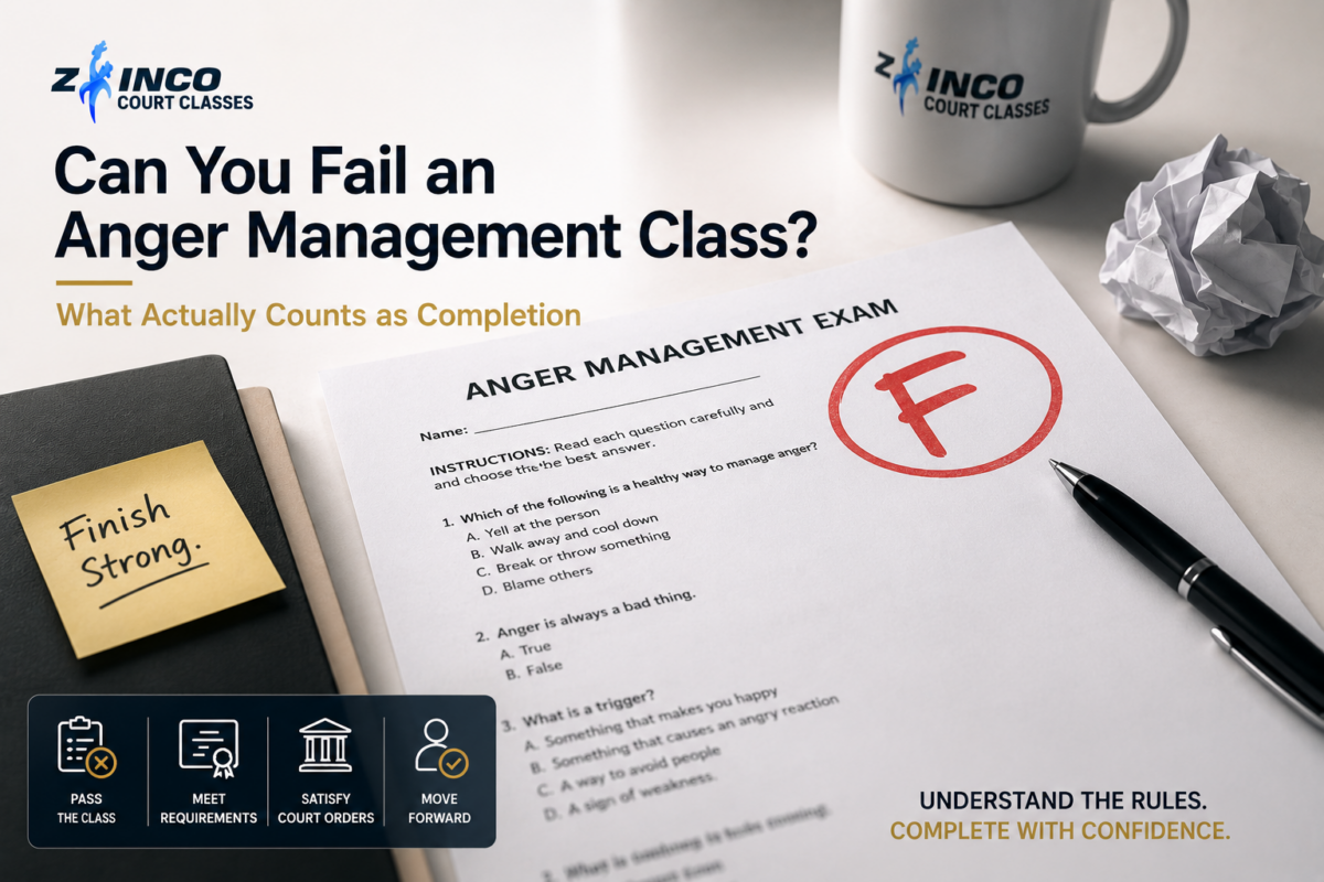 Anger management exam with a failing grade illustrating what counts as successful completion of a court-ordered anger management class