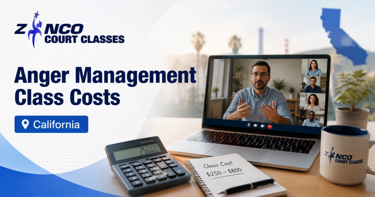 Laptop, calculator, and notebook representing anger management class costs in California