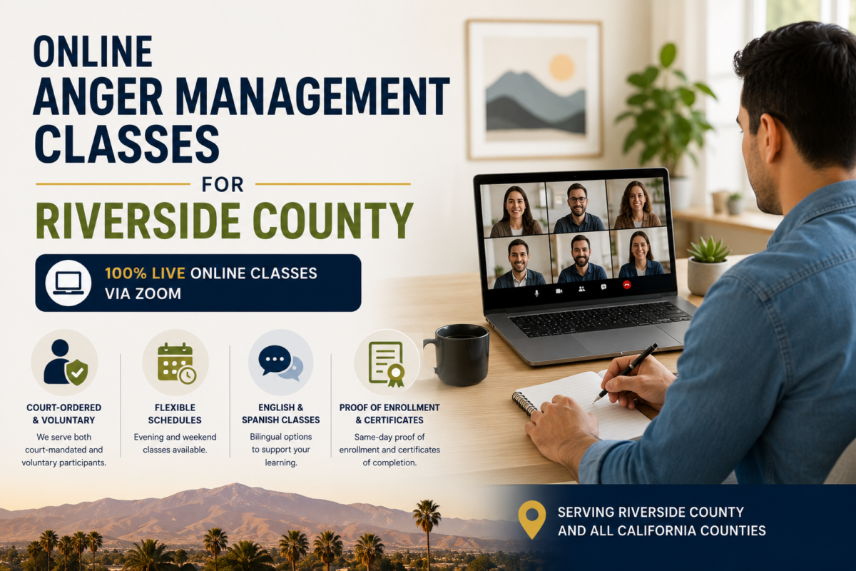 Person attending a live online anger management class for Riverside County residents using Zoom in California