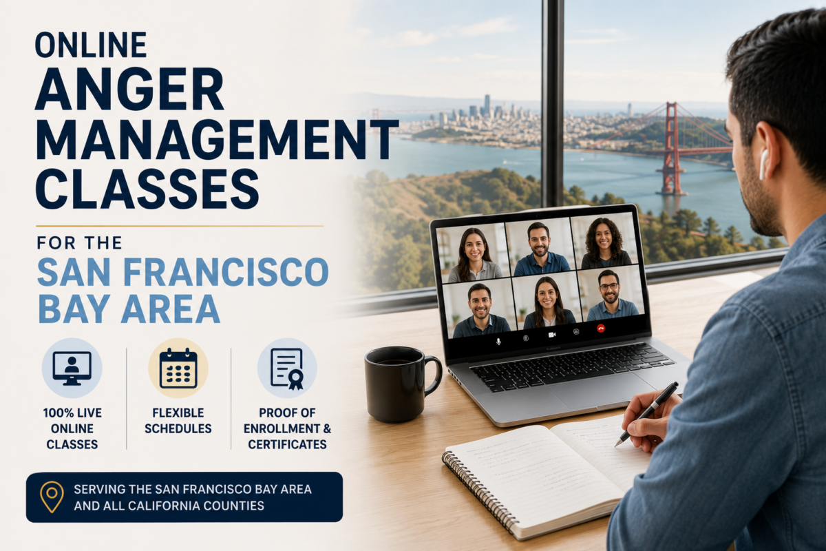 Person attending a live online anger management class from the San Francisco Bay Area using Zoom in California