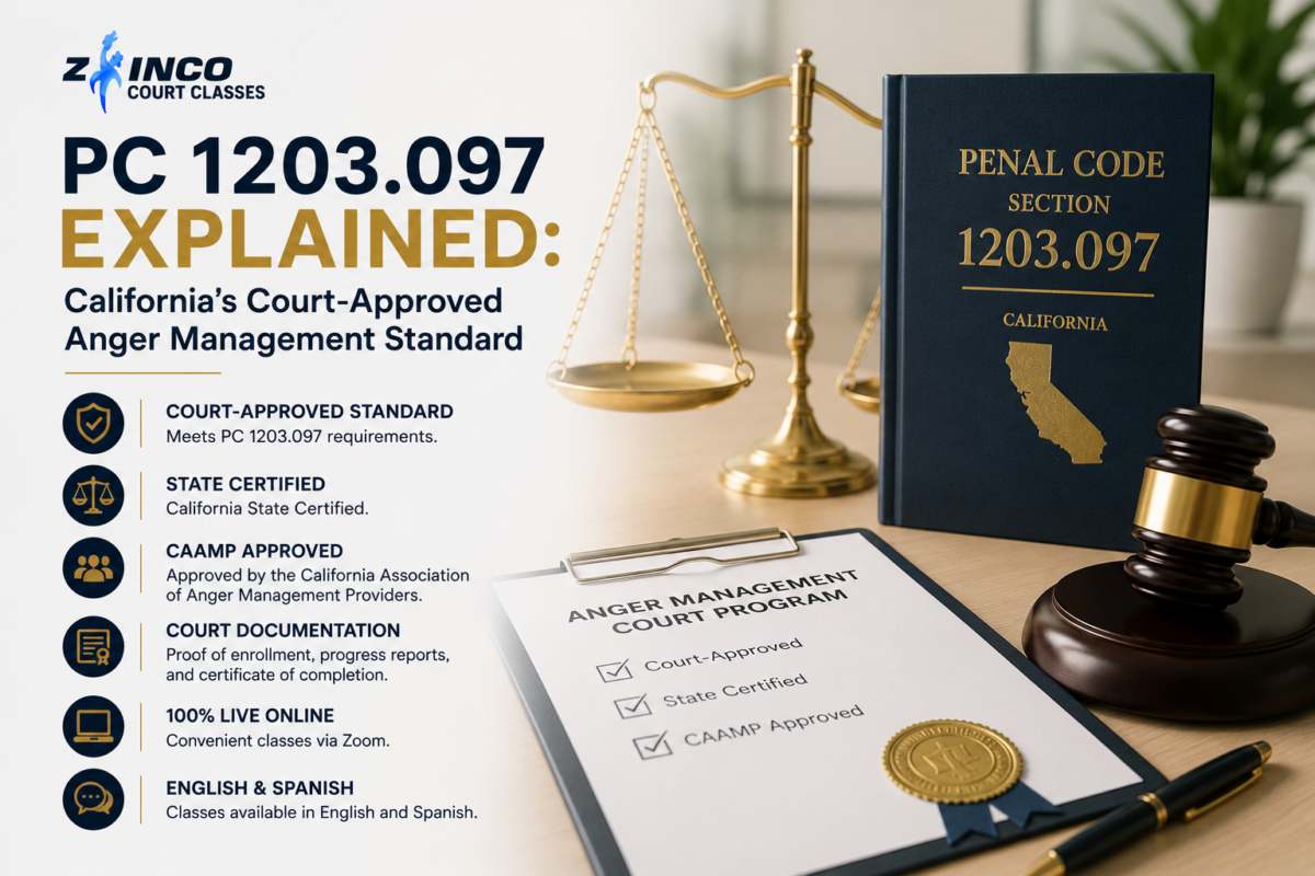 California Penal Code 1203.097 explaining court-approved anger management program requirements and compliance standards