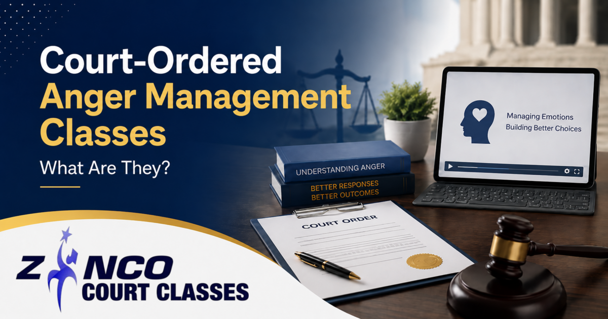 Court order, online class, and gavel representing court-ordered anger management classes