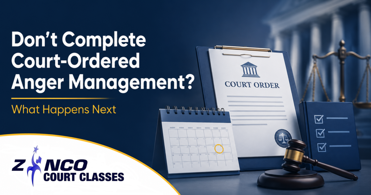 Court order, calendar, checklist, and gavel representing an incomplete court-ordered anger management program