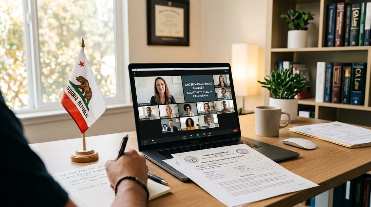 Participant completing live online court ordered anger management classes in California
