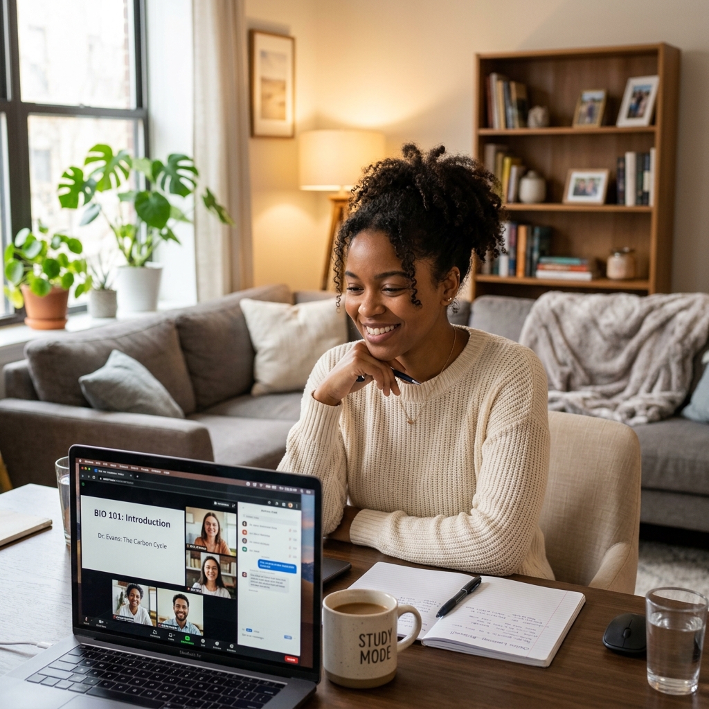 Student attending a California-certified anger management class online from home
