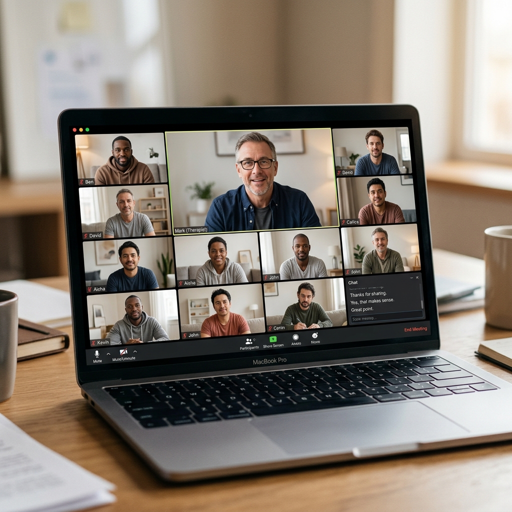 Men-only anger management group class via Zoom video call