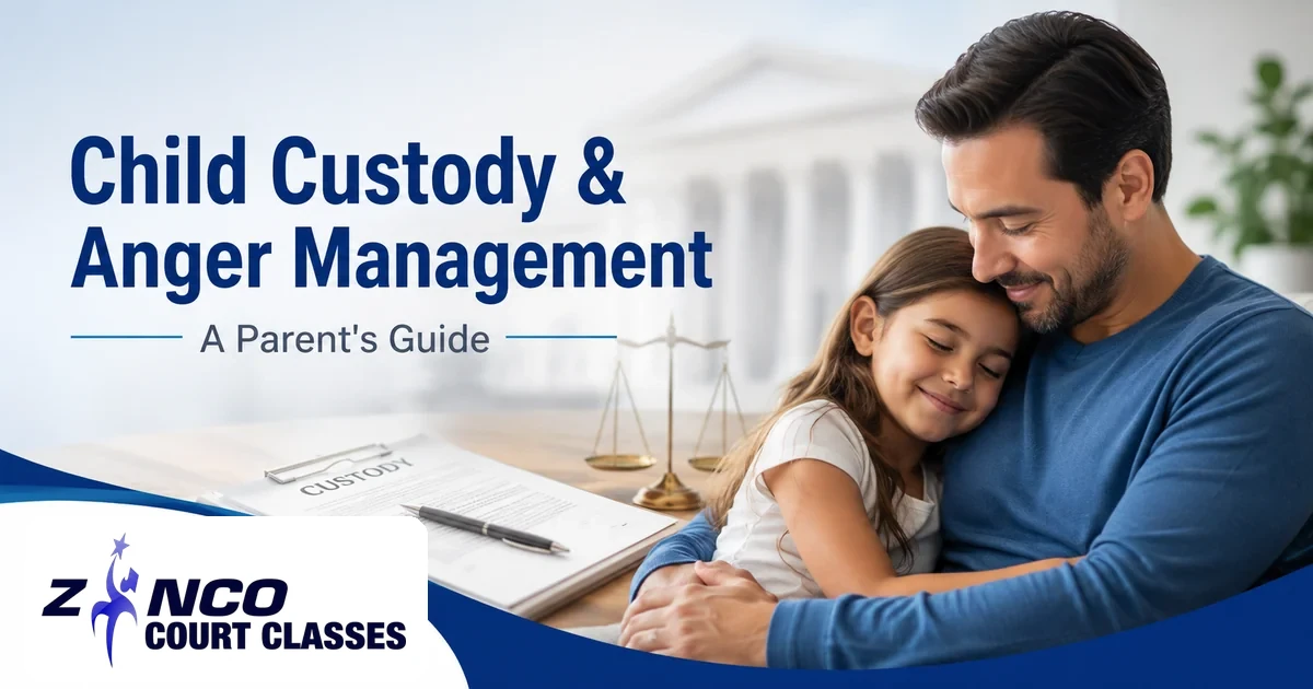 Parent and child with custody documents representing anger management orders in child custody cases