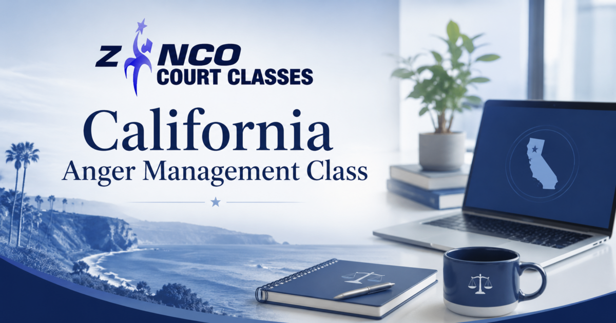 California anger management class with online learning and court-related imagery