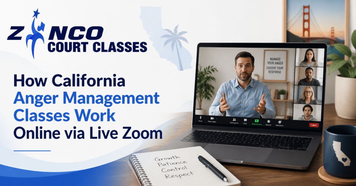 Participant attending California anger management classes online through a live Zoom session