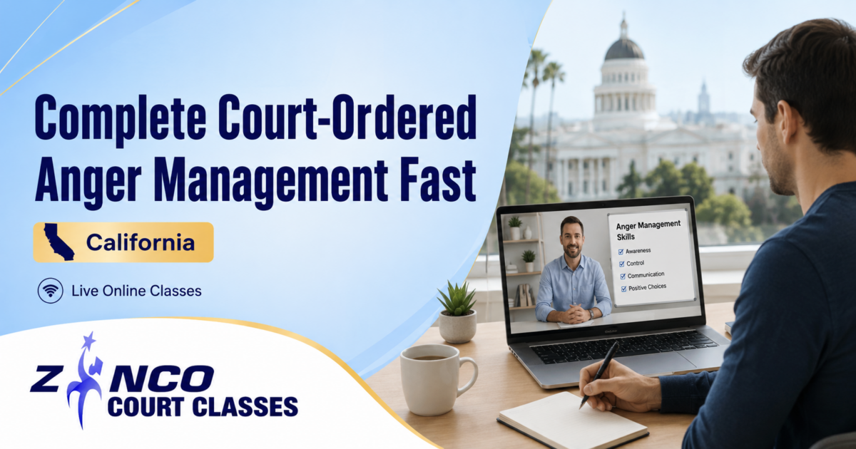 California participant completing court ordered anger management classes through live online sessions